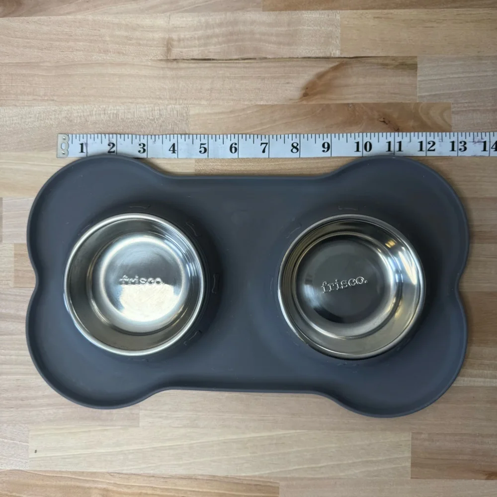 Frisco Double Stainless Steel Dog Bowl Set with Grey Silicone Mat